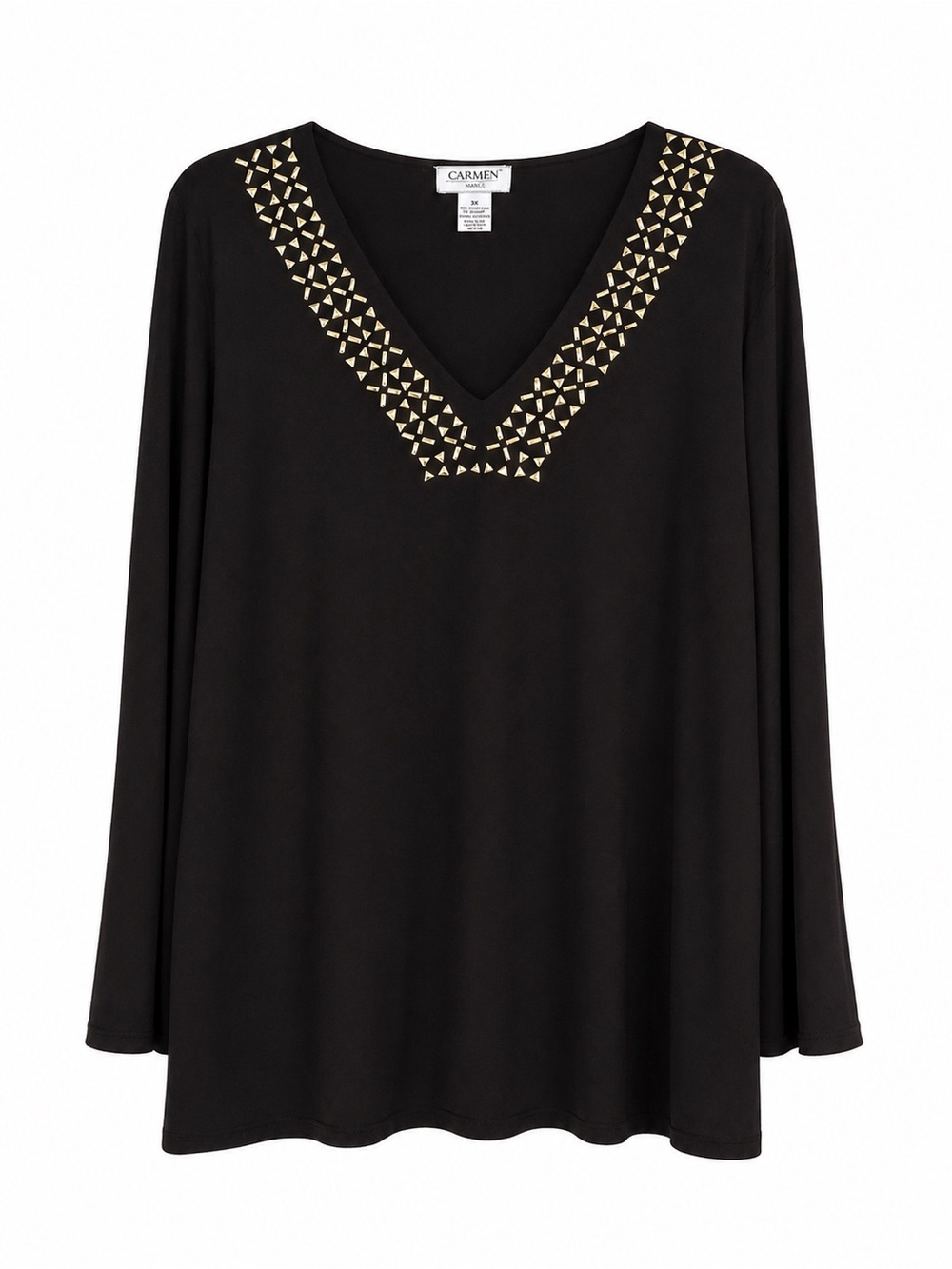 Carmen Marc Valvo 3X Black Studded V Neck Tunic Top Long Sleeve